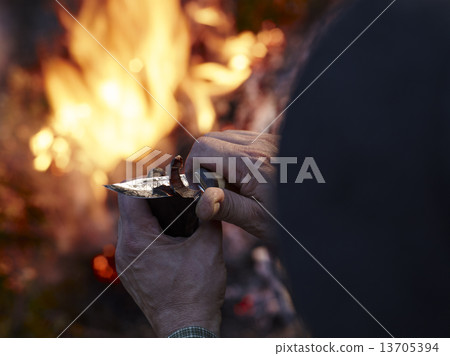 Dried reindeer meat and camp fire 13705394