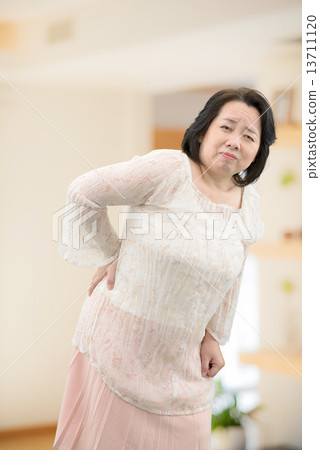 一名中年婦女穿著休閒服，患有腰痛，僵硬的肩膀站在房間裡 13711120