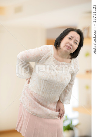 一名中年婦女穿著休閒服，患有腰痛，僵硬的肩膀站在房間裡 13711122