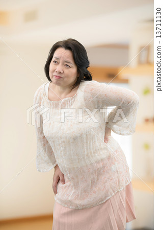 一名中年婦女穿著休閒服，患有腰痛，僵硬的肩膀站在房間裡 13711130