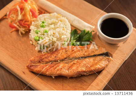 Grilled salmon with rice Grilled salmon with rice 13711436