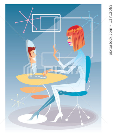 Young woman talking on the computer with the young man futuristi Young woman talking on the computer with the young man futuristi 13712065