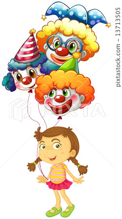 A young girl holding three clown balloons A young girl holding three clown balloons 13713505