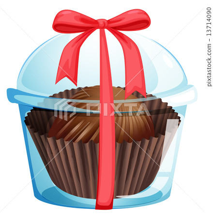 A cupcake inside a container with a red ribbon 13714090
