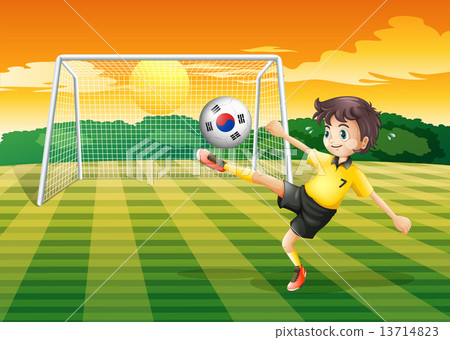 A soccer player using the ball with the flag of South Korea 13714823