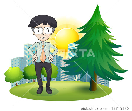 A man standing beside the pine tree 13715180