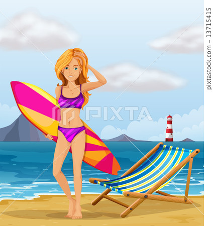 A girl at the beach with a colourful surfing board A girl at the beach with a colourful surfing board 13715415