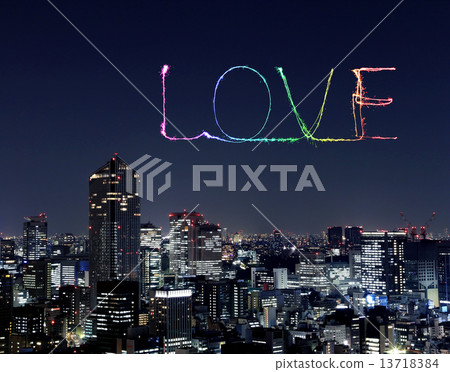Love sparkle Fireworks celebrating over Tokyo cityscape at night 13718384