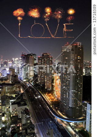 Love sparkle Fireworks celebrating over Tokyo cityscape at night Love sparkle Fireworks celebrating over Tokyo cityscape at night 13718389
