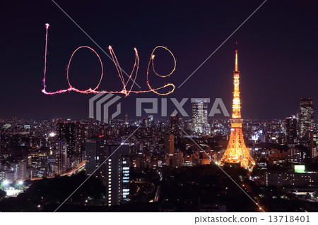 Love sparkle Fireworks celebrating over Tokyo cityscape at night 13718401
