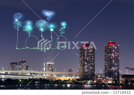 Love sparkle Fireworks celebrating over Odaiba Japan Love sparkle Fireworks celebrating over Odaiba Japan 13718432