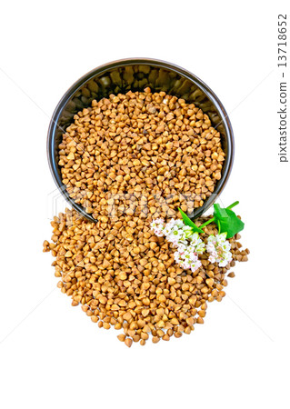 Buckwheat in brown bowl with flower Buckwheat in brown bowl with flower 13718652