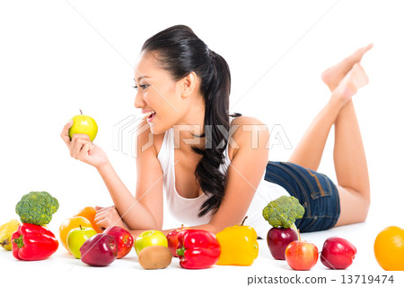 Asian Chinese woman eating fresh fruit Asian Chinese woman eating fresh fruit 13719474