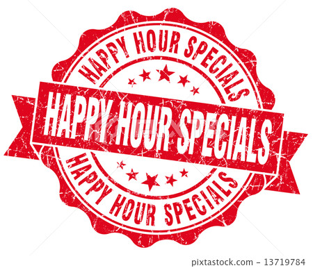 happy hour specials red grunge seal isolated on white 13719784