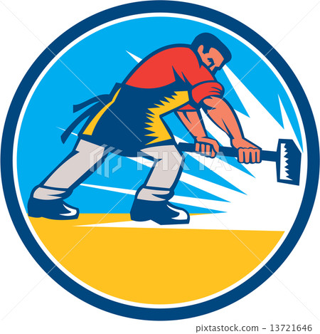 Blacksmith Worker Striking Sledgehammer Circle Retro 13721646