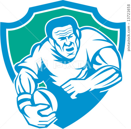 Rugby Player Running Ball Shield Linocut Rugby Player Running Ball Shield Linocut 13721658