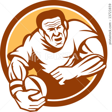 Rugby Player Running Ball Circle Linocut 13721659