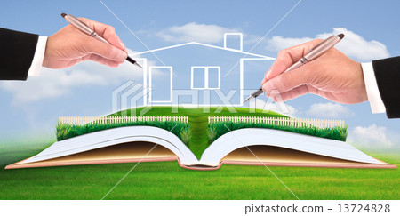 business man writing new house on beautiful green field business man writing new house on beautiful green field 13724828