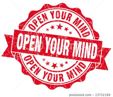open your mind red grunge seal isolated on white 13732189