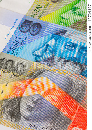 Different Slovakian   banknotes from on the table 13734397
