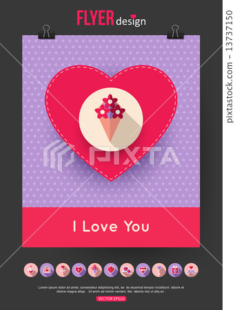Valentines Day brochure template and set of flat valentines day icons. Abstract typographical flyer  13737150