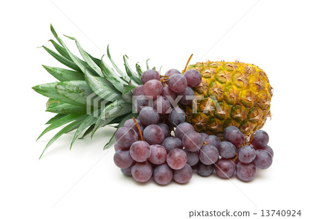 bunch of dark grapes and pineapple isolated on white background 13740924