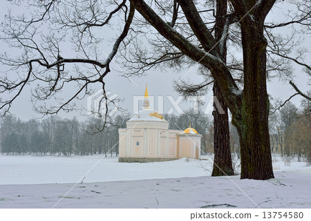 Winter  landscape with Turkish Bath  pavilion and lake 13754580