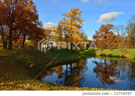 Autumn landscape with pond in Pushkin, 13754597