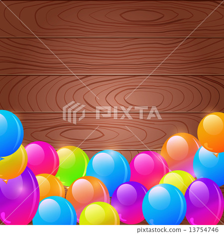 Bright Birthday Balloons on Wooden Background Bright Birthday Balloons on Wooden Background 13754746