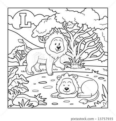 Coloring book (lion), colorless alphabet for... - Stock Illustration ...