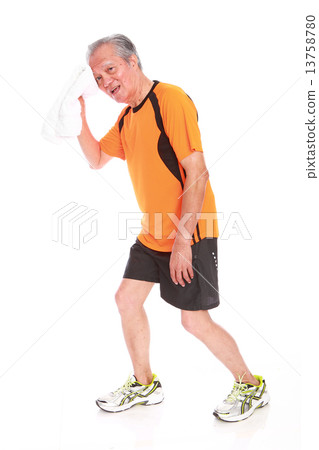 Old, man, sport, attire, cooling down, thirsty, resting, drink, exercise, tired, achievement, towel 13758780