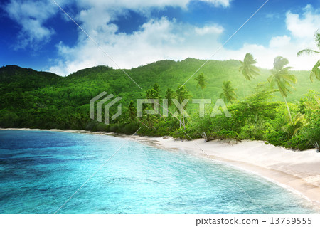 beach in sunset time on Mahe island,  Seychelles 13759555