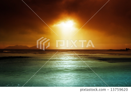 dark sky on the beach of la Digue island, Seychelles dark sky on the beach of la Digue island, Seychelles 13759620
