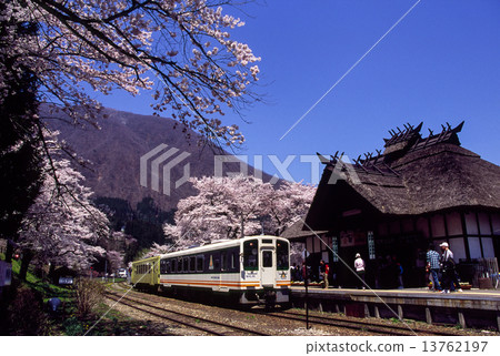 Spring Yunogami hot spring station and Aizu railway local train Spring Yunogami hot spring station and Aizu railway local train 13762197