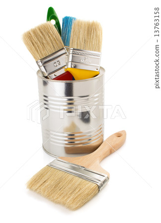 paint bucket and paintbrush on white paint bucket and paintbrush on white 13763158
