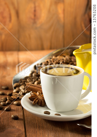 cup of coffee on wood 13763208