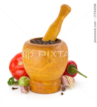 mortar with pestle and spices on white 13764096