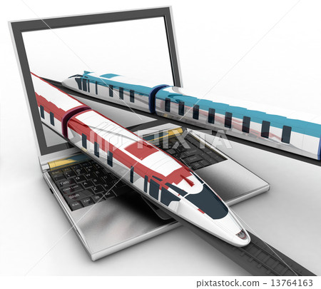 Trains coming out of a laptop. 3d render illustration Trains coming out of a laptop. 3d render illustration 13764163