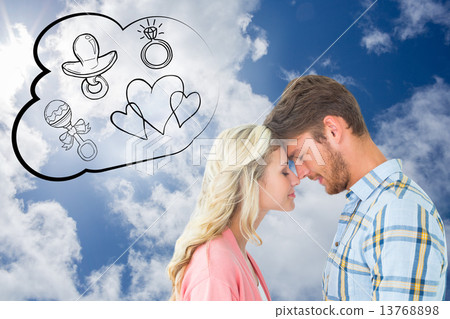 Composite image of attractive couple standing touching heads 13768898