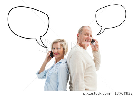 Composite image of happy mature couple talking on their phones Composite image of happy mature couple talking on their phones 13768932