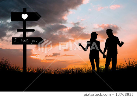 Composite image of happy couple walking holding hands Composite image of happy couple walking holding hands 13768935