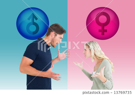 Composite image of angry couple facing off during argument 13769735