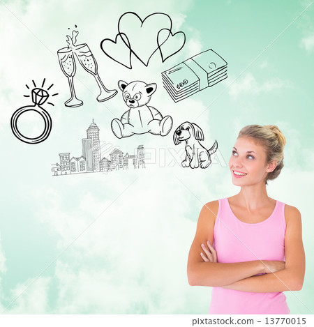 Composite image of pretty young blonde in pink looking up with a Composite image of pretty young blonde in pink looking up with a 13770015