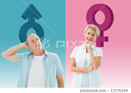 Composite image of happy mature blonde thinking with hand on chi 13770164