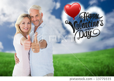 Composite image of smiling couple showing thumbs up together Composite image of smiling couple showing thumbs up together 13770335