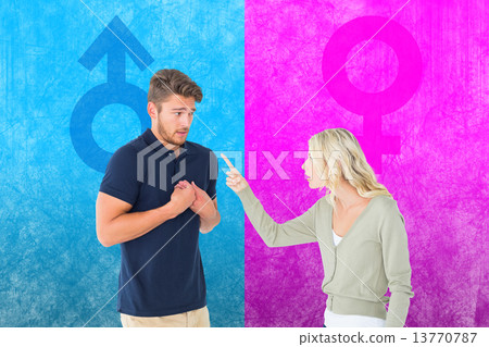 Composite image of woman accusing her guilty looking boyfriend 13770787