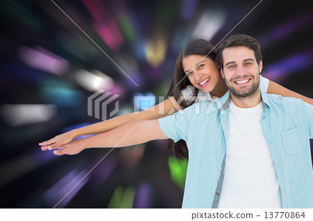 composite image of happy casual man giving pretty girlfriend