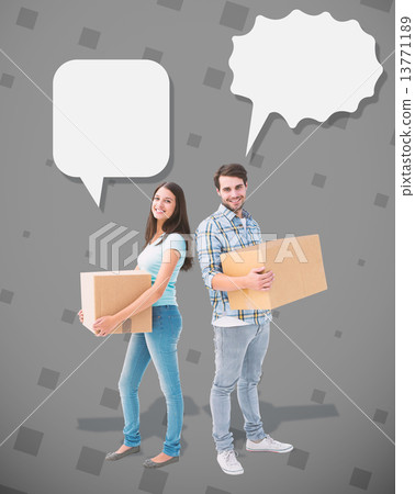 Composite image of happy young couple with moving boxes 13771189