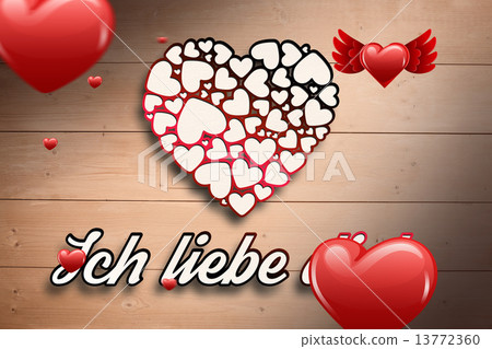 Composite image of red heart balloons floating 13772360