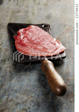 vintage cleaver and Beef Carpaccio vintage cleaver and Beef Carpaccio 13778415